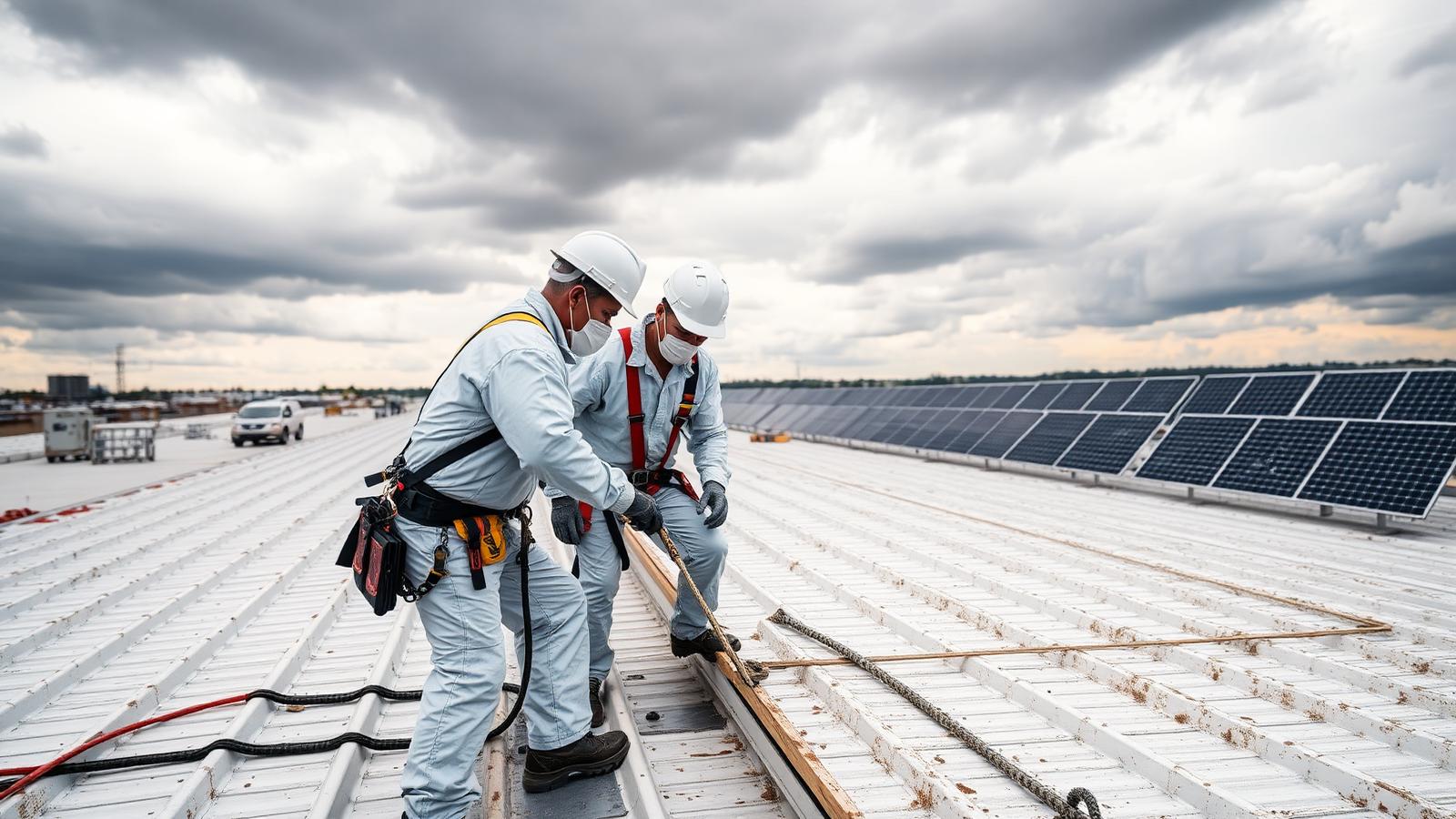 Techniciens SBE sur toiture industrielle